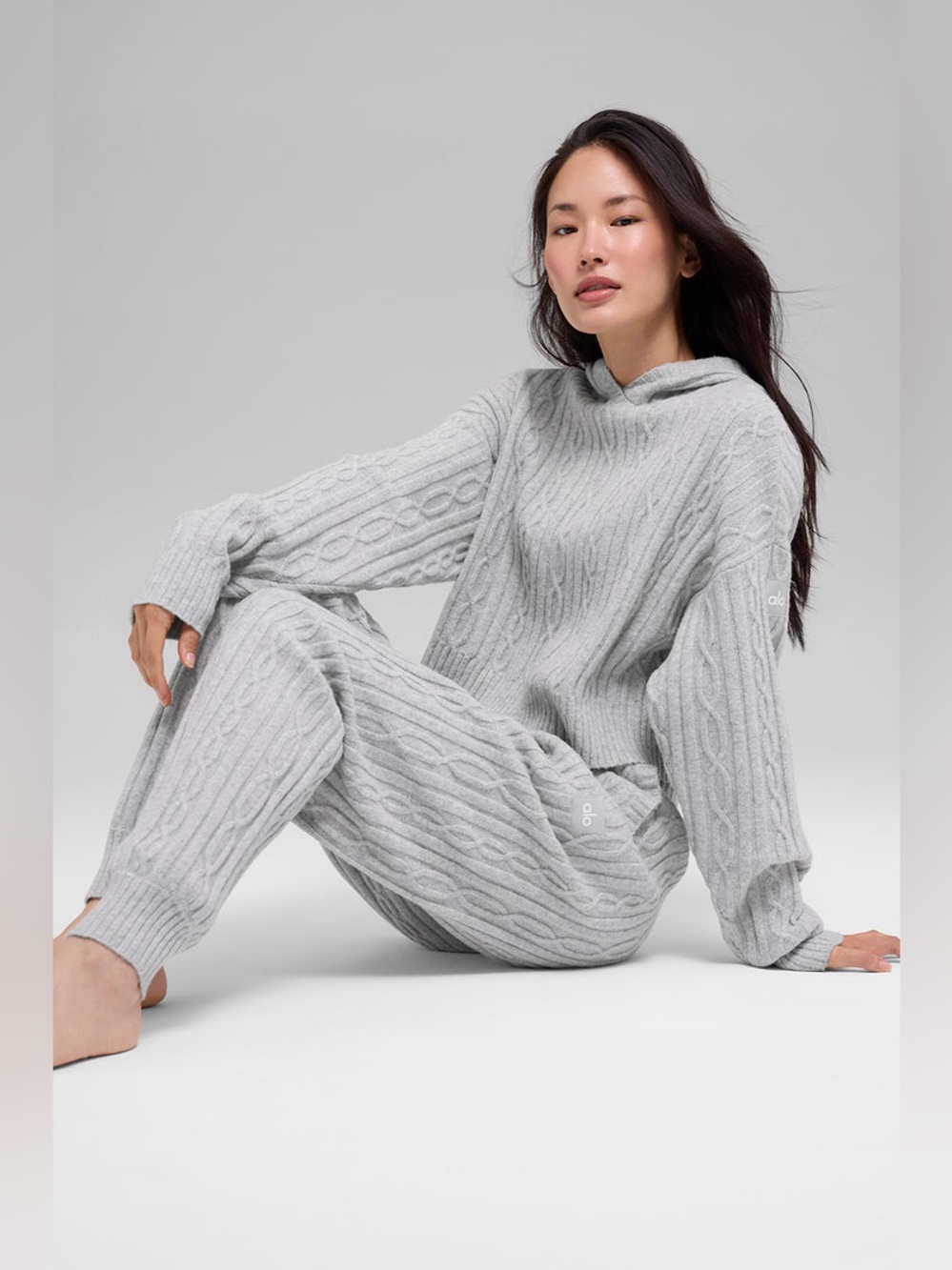 ALO Yoga Cable Knit Winter Bliss Hoodie and Joggers in Athletic Heather Gray